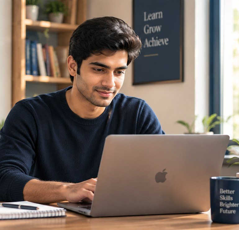 Indian adult learner studying on a laptop in a bright, modern study room